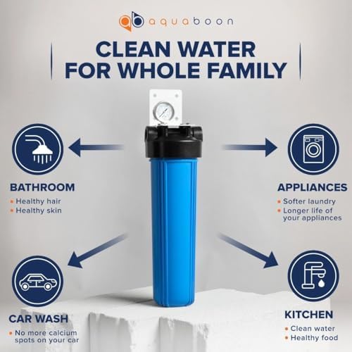 Aquaboon Whole House Water Filter System for Well Water with 5 Micron 20x4.5 Carbon Block Chlorine Reduction Cartrige | NSF Certified, Pressure Gauges & Releas, Wrench, Bracket 1" NPT - Image 7