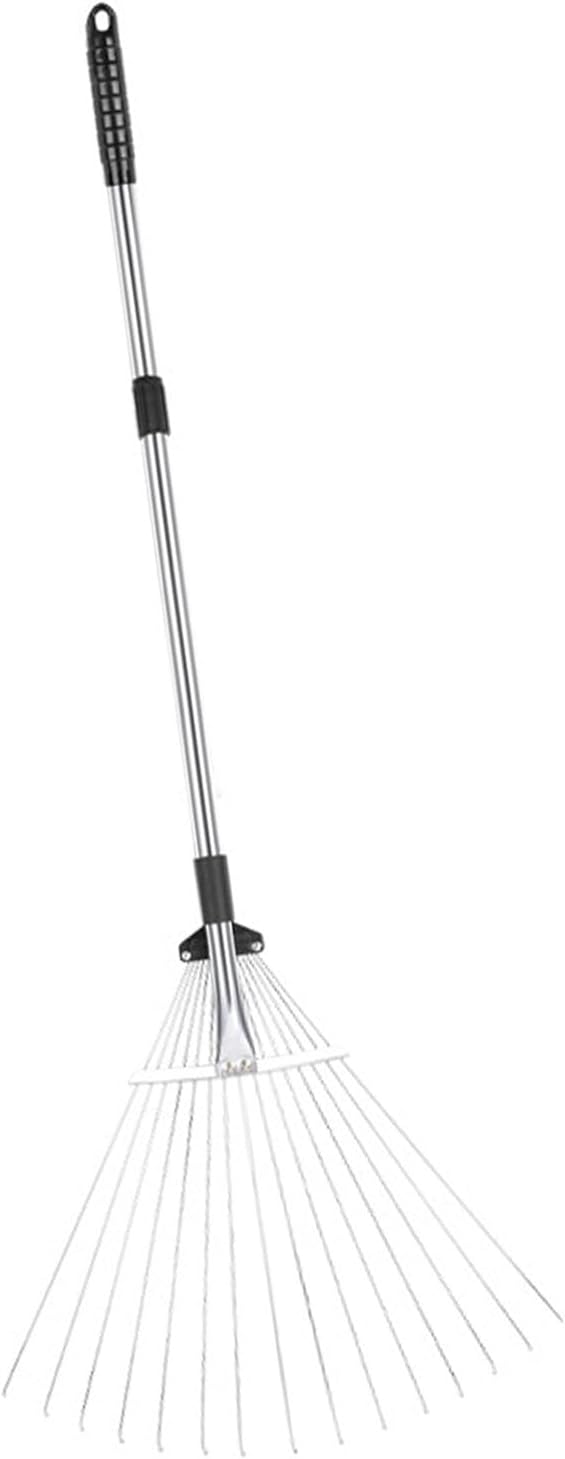 Adjustable Collapsible Garden Leaf Rake Aluminum Alloy Lawn Yard Rake for Leaf Cleaning Flower Bed and Outdoor Gardening (15 Teeth 81‑160cm Length 18.5‑55.5cm Width)