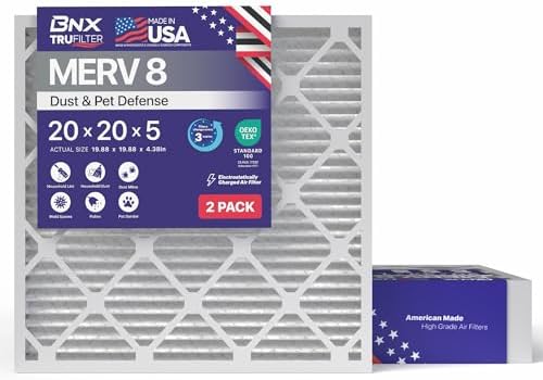 BNX TruFilter 20x20x5 MERV 8 Air Filter (ACTUAL SIZE 19.88’’ x 19.88’’ x 4.38‘’ Honeywell Compatible 4”) 2 Pack MADE IN USA HVAC AC Furnace Filters Dust, Pet, Mold, Pollen MPR 600 FPR 5 by BNX