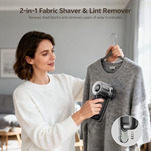 Rechargeable Fabric Shaver, 2-in-1 Lint Remover with 6-Blade | For sweaters, blankets, coats and cloth upholstery, with 200ml container, LED display, USB-C charging and 3 speeds - Image 2