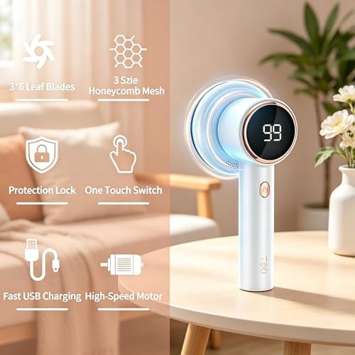 Fabric Shaver, 2-Speed Digital Lint Remover, 6-Blade, Rechargeable, White | sweater defuzzer pilling remover fuzz ball electric clothes cordless for furniture couch upholstery pet hair portable - Image 2