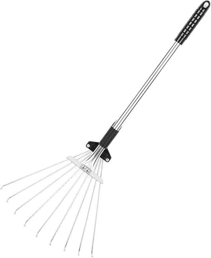 Adjustable Collapsible Garden Leaf Rake Aluminum Alloy Lawn Yard Rake for Leaf Cleaning Flower Bed and Outdoor Gardening (9 Teeth 55‑73.5cm Length 11‑31cm Width)