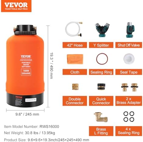 VEVOR RV Water Softener, 16,000 Grain Portable Water Softener, with 3/4" Brass Fittings and 42" Hose, Soften Hard Water Filter System for RVs, Trailers, Boats, Mobile Car Washing, Pressure Washing - Image 7