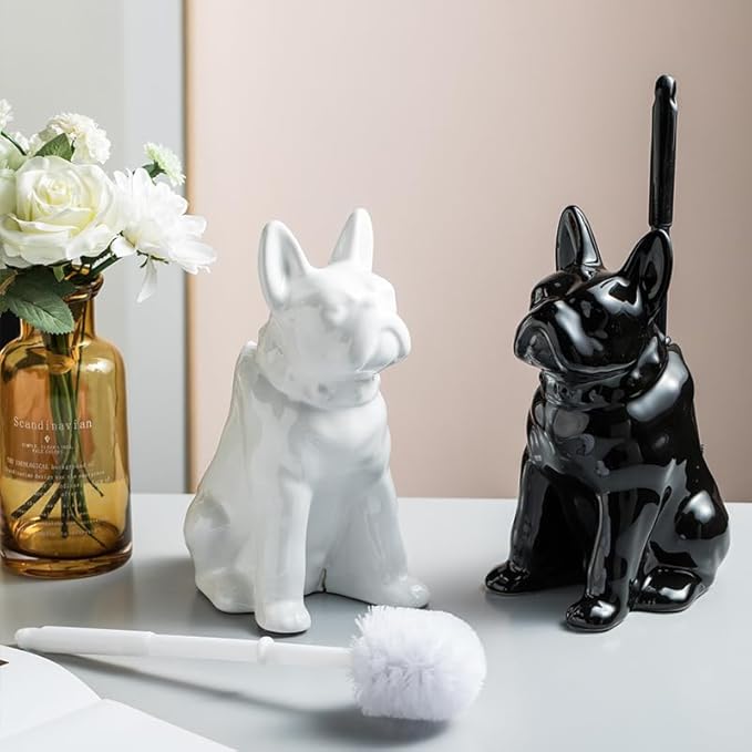 Comeon Ceramic Dog White/Black Toilet Brush and Holder Set, Plastic Handled Scrub Brush for Bathroom Cleaning,13.7"*6.3" (White)