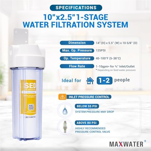Max Water 10-Inch 1-Stage Whole House Water Filtration System with Clear Housing and 5-Micron Polypropylene Sediment Filter - Ideal for RVs, Well Water, and Boilers - Image 2