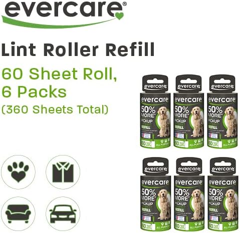 Evercare Pet Lint Roller Refill, Manual Operation, 60 Sheets per Roll, 6 Count Refill Pack for Pet Hair Removal, Green - Image 2