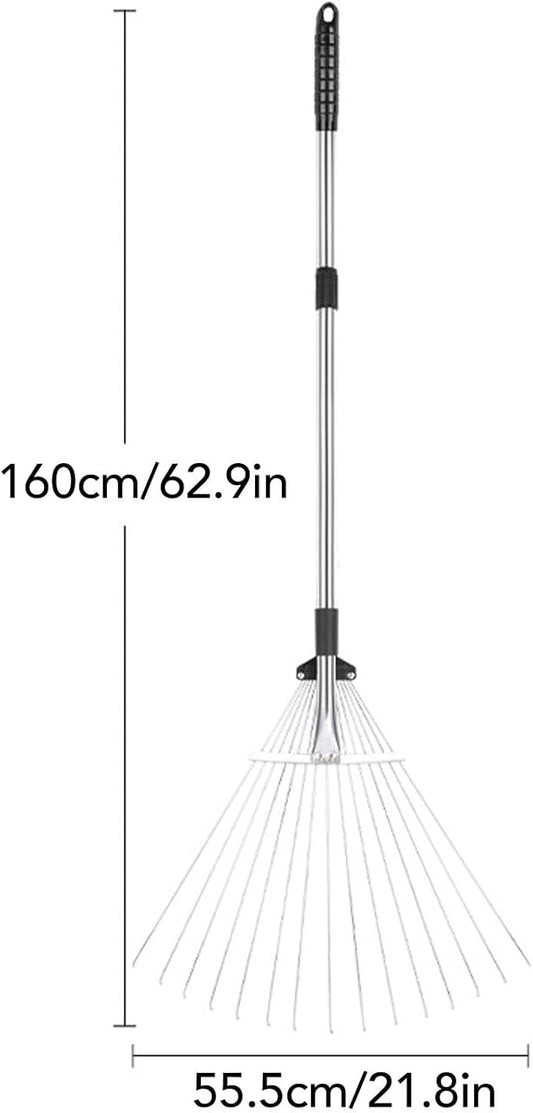 Adjustable Collapsible Garden Leaf Rake Aluminum Alloy Lawn Yard Rake for Leaf Cleaning Flower Bed and Outdoor Gardening (15 Teeth 81‑160cm Length 18.5‑55.5cm Width)