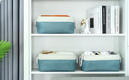 TheWarmHome Fabric Storage Bin with Handles,Storage Basket for Home Storage and Organization, Shelf Basket with Cover for Living Room Bedroom Closet(White & Green Medium 13.8L×9.8W×6.7H