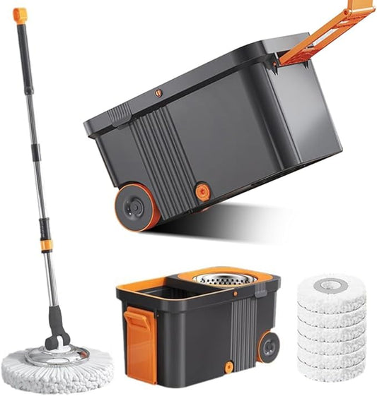 360 Spinning Floor Cleaning System with 6 Extra Refills Heads Extended Handle Household Cleaning Automatic Cleaning with Bucket for Household Floor Cleaning (Grey Orange)