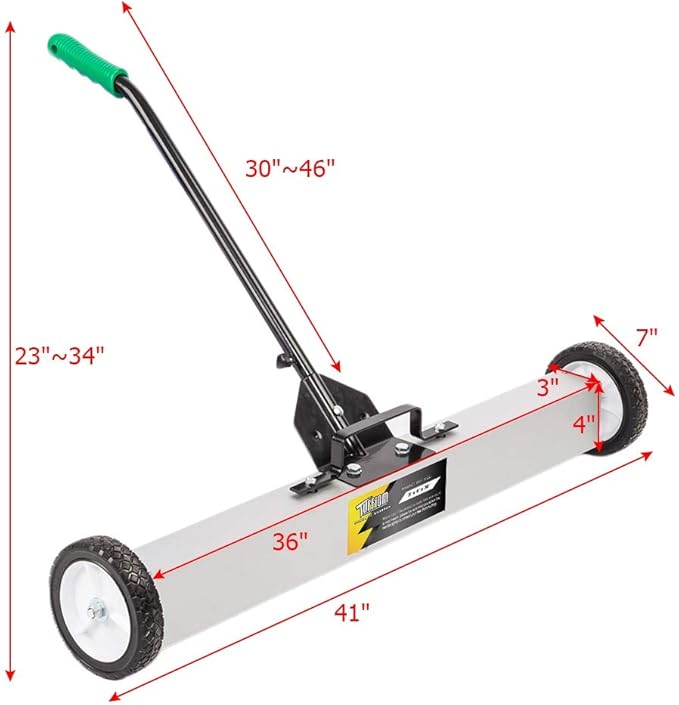 TUFFIOM 36-Inch Rolling Magnetic Pick-Up Sweeper | 55-LBS Capacity, with Quick Release Latch & Adjustable Long Handle, for Nails Needles Screws Collection