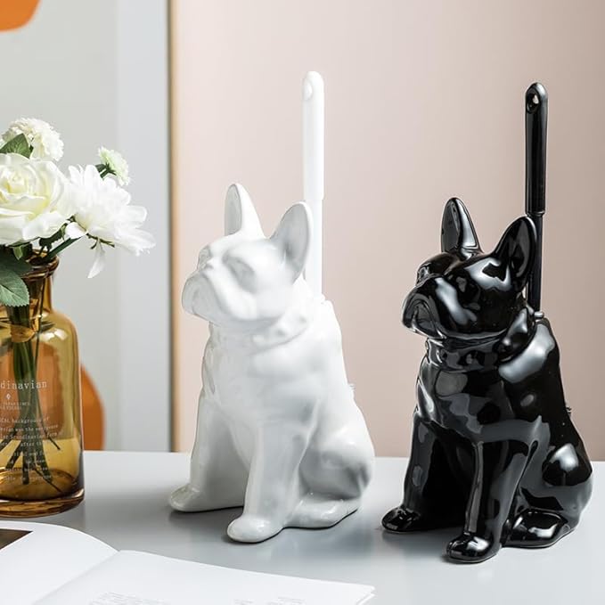 Comeon Ceramic Dog White/Black Toilet Brush and Holder Set, Plastic Handled Scrub Brush for Bathroom Cleaning,13.7"*6.3" (Black)