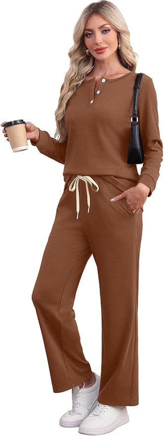 WIHOLL Lounge Sets for Women Two Piece Outfits Button Down Sweatsuit Sweatpant with Pockets Fall Fashion 2025