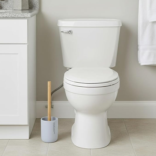 Compact Light Blue Toilet Brush and Holder Set with Natural Bamboo Handle - Durable Toilet Bowl Brush for Deep Bathroom Cleaning