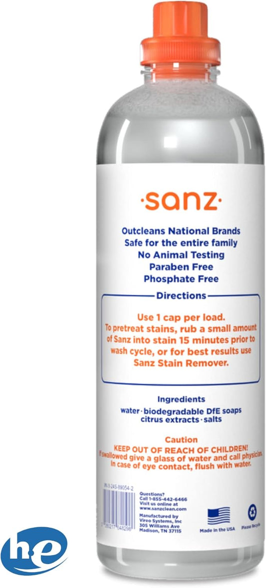 SANZ Hypoallergenic Eco-Friendly Laundry Detergent - Free and Clear for Sensitive Skin, Gentle for Babies, Ultra Concentrated, HE, Dye Free, Superior Cleaning Odor & Stain Remover, 192 Loads (3 Pack)