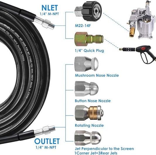 Sewer Jetter Kit for Pressure Washer 100FT, 5800PSI Drain Cleaner Hose 1/4 Inch NPT Corner, Rotating and Button Hose Sewer Jetting Nozzle Pearl Corsage Pin Waterproof Tape with 2 Spanner