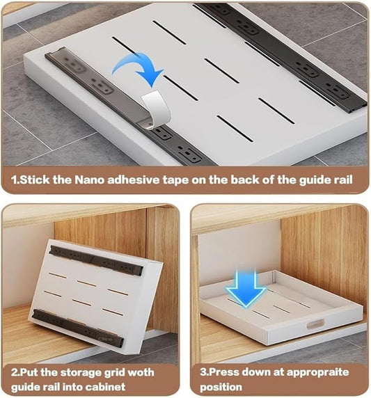 21'' Deep Pull Out Cabinet Organizer, 10'' Wide Carbon Steel Adhesive Slide Out Drawer, Pantry Storage Shelves for Kitchen, Bathroom and Living Room, 2 Pack