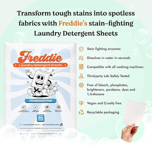 Freddie Laundry Detergent Sheets - Recyclable Packaging - No Mess Strips (Value Box (180 Loads), Fragrance Free)