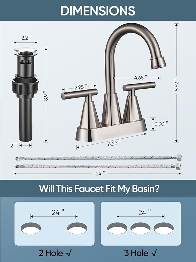 Cobbe Bathroom Faucets for Sink 3 Hole, 4 Inch with Pop Up Drain and 2 Supply Hoses, 2 Handle Centerset Bathroom Faucet for Sink Vanity, Brushed Nickel, 2 Pack