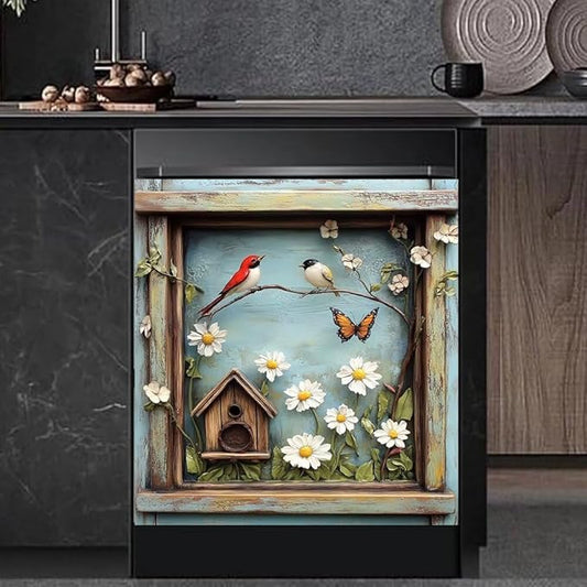 Kitchen Decor Dishwasher Magnet Cover Decal, Rustic Farm Floral Window Birds and Flowers, Magnetic Dish Washer Panel Door Vinyl Sticker, Refrigerator Magnets,Easy to Clean, 23 x 26 inch