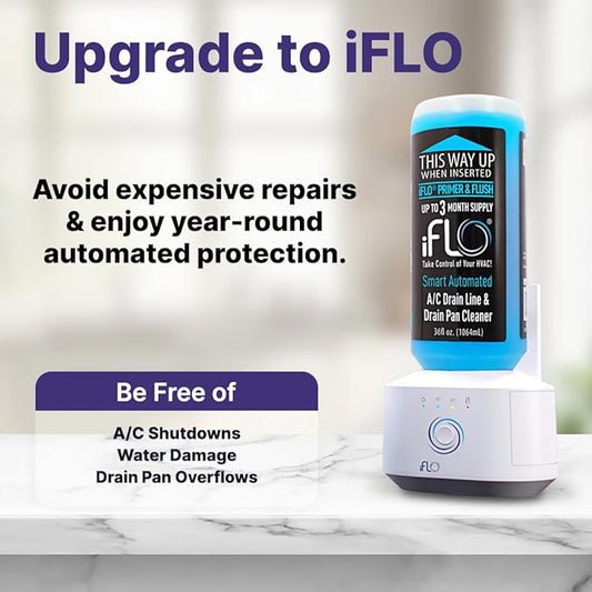 iFLO® Smart A/C Drain Line and Drain Pan Cleaner for HVAC System, Clog-Free, Easy Installation & App-Controlled Air Conditioner Maintenance, Includes 36oz Cleaner Cartridge, 3 Month Supply (Pack of 2)