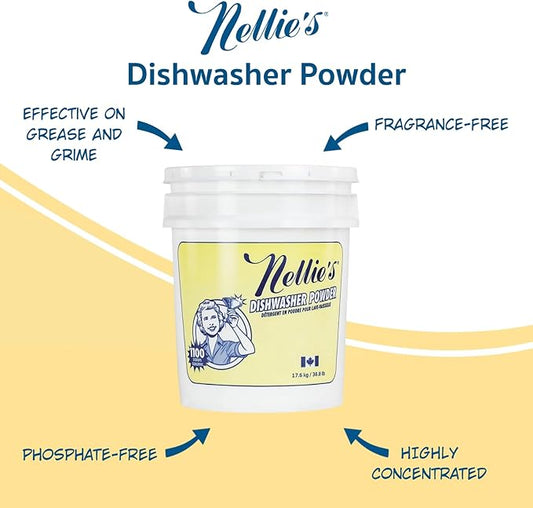 Nellie's Dishwasher Powder - Superior Grease Penetration, Powerful Plant-Based Formula, Safe for Septic Systems, Advanced Food Particle Dislodging, Eco-Conscious Cleaning - 1,100 Scoop Bulk Bucket