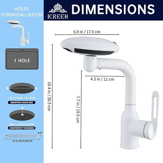 Bathroom Sink Faucet 1 Hole, White Multifunctional Basin Faucet with 4 Water Outlet Modes, Modern 360°Rotatable Bar Tap with Two Water Supply Pipes