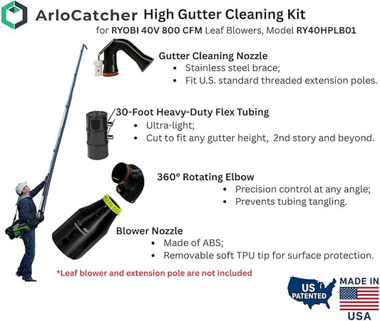 ArloCatcher 30-Foot Gutter Cleaning Kit for RYOBI Leaf Blower 40V 800 CFM RY40HPLB01 Leaf Blower– Two-Story Gutter Cleaning Tools from Ground, Ladder Free, Extension Pole Not Included