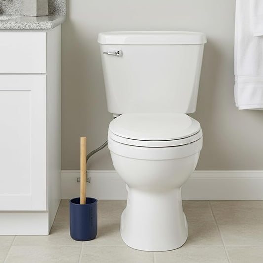 Compact Navy Blue Toilet Brush and Holder Set with Natural Bamboo Handle - Durable Toilet Bowl Brush for Deep Bathroom Cleaning
