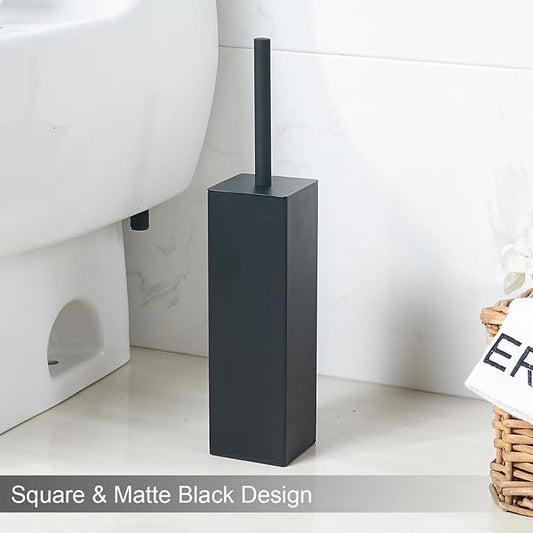 Matte Black Square Stainless Steel Toilet Brush with Holder, 304 Modern Toilet Brush Set – Rust Resistant, Long Handle, Replacement Heads, Floor Standing Bathroom Toilet Cleaning Brush