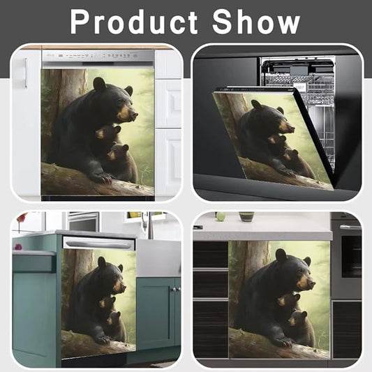 Forest Animal Bears Kitchen Dishwasher Magnet Cover Decoration, Mother Bear with Two Cubs Dishwasher Panel Decal Magnetic, Black Bear Refrigerator Front Door Cover, 23" x 26" Magnetic