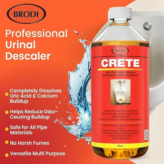 Brodi CRETE Urinal Drain Cleaner, Commercial Grade, Restores Pipes to Original Diameter, Urinal Descaler & Deodorizer, Safe for Pipes, No Harsh Fumes, Urine Salt Remover, 32 Fl Oz (Pack of 6)