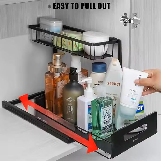 Under Sink Organizer 2-Pack – Sliding 2-Tier Metal Storage Rack, Pull-Out Cabinet Shelf for Kitchen, Bathroom, Cleaning Supplies & Toiletries.