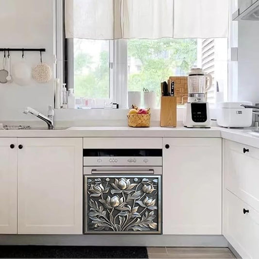 Dishwasher Magnet Cover Stainless Steel Look Flower Dishwasher Front Panel Decorative, Magnetic Appliance Cover Kitchen Decor Home Refrigerator Magnets Sticker 23" W x 17" H