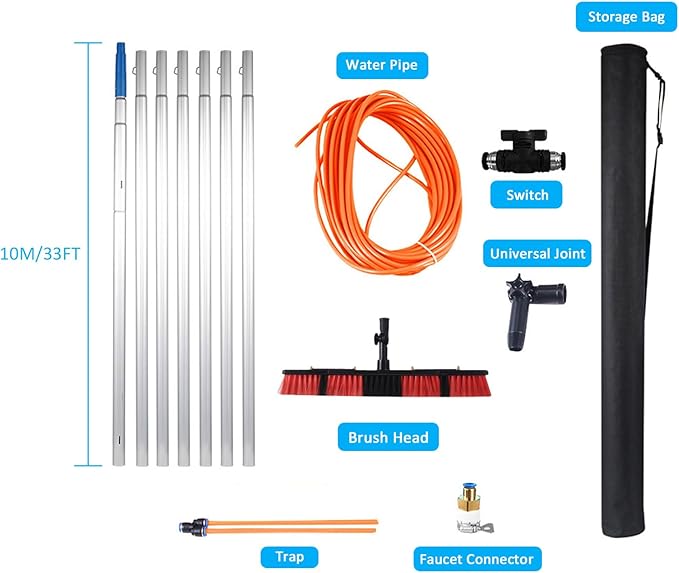 Window cleaning pole 3~12m extendable window cleaning kit window cleaning pole steel buckle fixing, easy to install,with 20m water supply hose 50cm water hole large brush head Roof Cleaning Tools