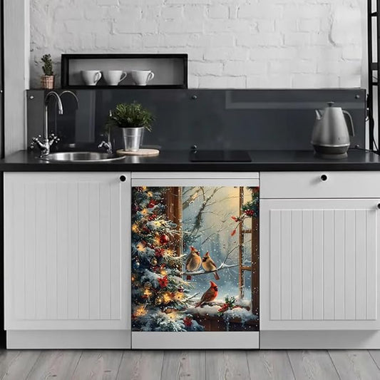 Christmas Tree and Birds Dishwasher Face Cover Magnetic,Magnetic Dishwasher Decorative Winter Snow Landscapes Stickers,Window Art Magnetic Dishwasher Sticker,Fridge Door Cover,23Wx26H