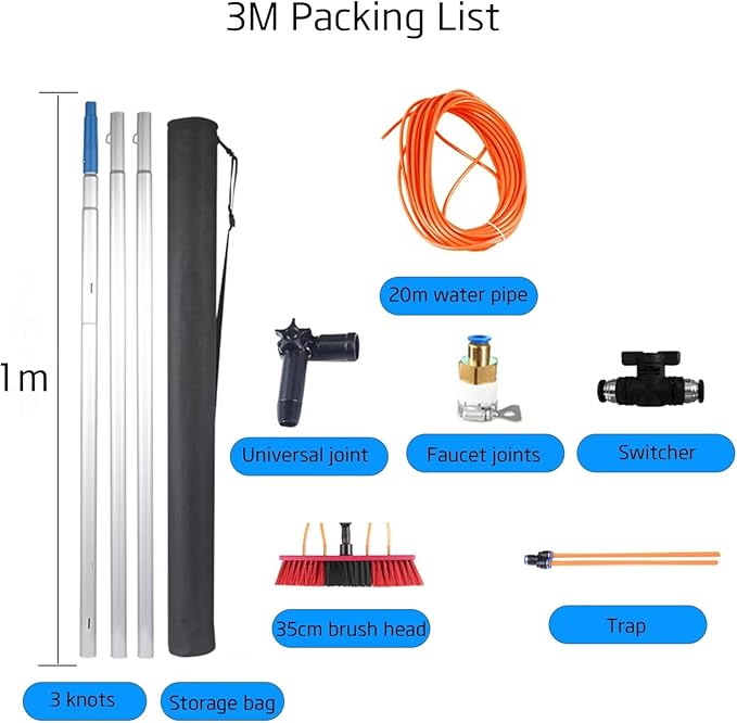 Window Cleaning Pole, Water Fed Telescopic Brush Photovoltaic Panel Cleaning Tool 30Cm Brush Head for Cleaning photovoltaic and Solar Panels and Other Cleaning Activities 3poles 35brush Head
