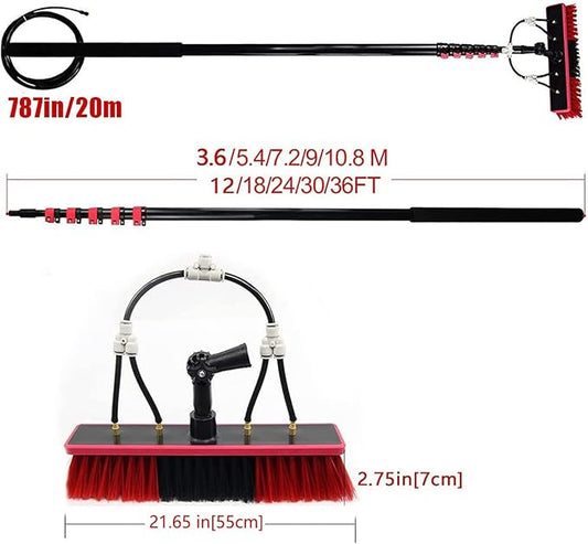 Telescopic Cleaning Brush, Multi-Purpose Water Spray Brush, Solar Panel Cleaning Equipment, Telescopic Hydrocleaner, 3.6m-10.8m, Roof Cleaning Tools Window Cleaner Kit,36ft/10.8m-55cmBrushhead