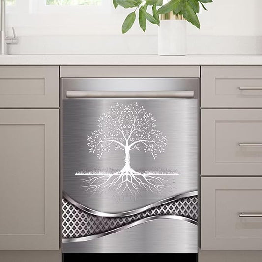 Stainless Steel Design Tree Pattern Dishwasher Magnetic Cover Sticker Refrigerator Door Panel Fridge Appliance Magnet Decal Sheet Kitchen Decor 23x17 inch
