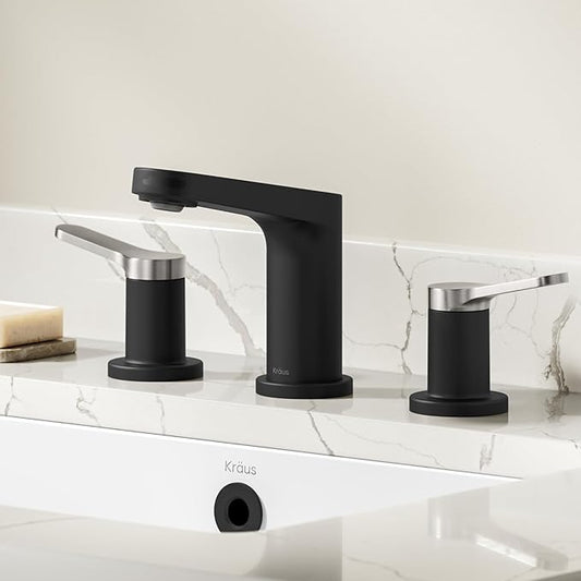 KRAUS Indy Widespread Bathroom Faucet in Spot-Free Brushed Nickel/Matte Black with 2 Handles, Pop Up Drain and Supply Lines, FUS-14103SFBNMB