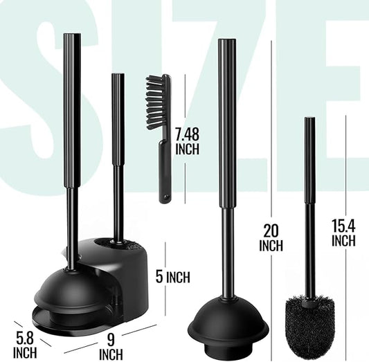 2 Pack 4 in 1 Toilet Brush and Plunger Set with Crevice Cleaning Brush, Toilet Plunger and Brush Set with Extra Long Handle, Plungers for Bathroom Accessories, Toilet Plunger with Holder, Black, Pack