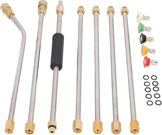 High Pressure Power Washer Extension Wand Set 4000PSI Gutter Cleaning Tool with 5 Nozzle Tips for Car Driveway Roof Deck ABS Metal Rustproof Strong Durable