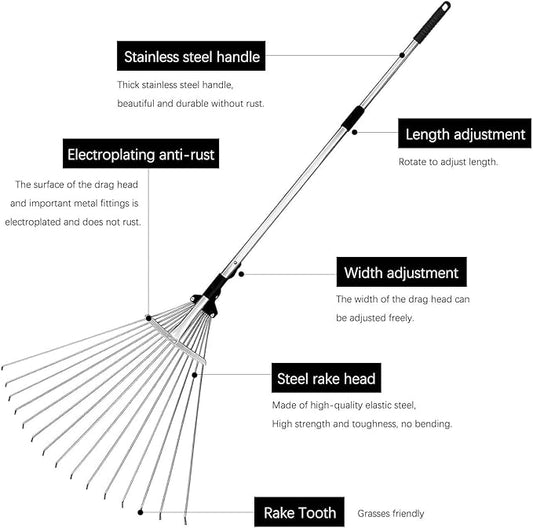 Buyplus Adjustable Garden Leaf Rake - 24 to 63 Inch Telescopic Metal Expandable Folding Leaves Rake, Metal Rake for Leaves, Yard Rakes for Lawn Yard, Flowers Beds, Black