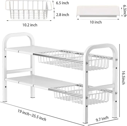 Under Sink Organizer,2 Tier Expandable Heavy Duty Metal Shelf,with 5 Removable Panels and 5 Storage Basket for Under Kitchen Bathroom Sink Organizers and Storage(White, Large)