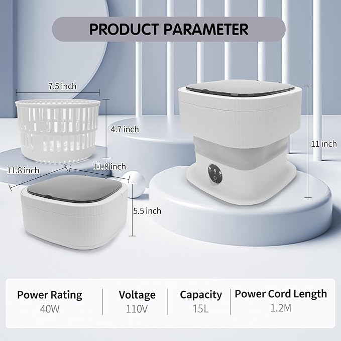 Portable Mini Washer Machine, 15L Collapsible Travel Mini Washer and Dryer Combo, Portable Washing Machine and Dryer for Apartment. (Grey)