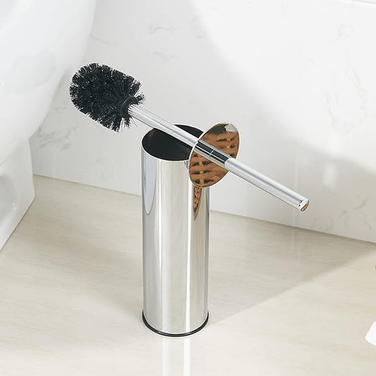 Toilet Brush and Holder Set Chrome Stainless Steel, 304 Heavy Duty Round Toilet Brush Set – Rust Resistant, Long Handle, Replacement Heads, Floor Standing Bathroom Toilet Cleaning Brush