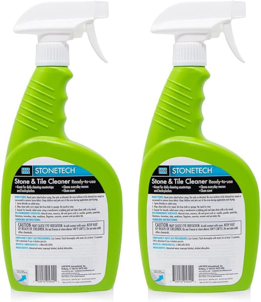 StoneTech Stone & Tile Cleaner Spray – Daily Cleaner for Granite, Marble, Ceramic, Porcelain & Stone – Removes Spills, Dirt & Grease – pH Neutral - 2-Pack, 24oz each + 2 Microfiber Cloths
