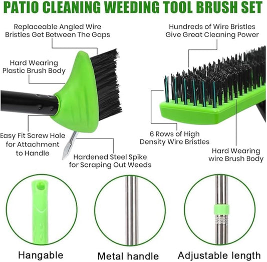 3-in-1 Weed Brush Tool Set, Adjustable Long Handle Crack Weeder & Moss Remover for Driveway, Patio, Sidewalk - Stainless Steel Crevice Cleaning Kit (1 Set)