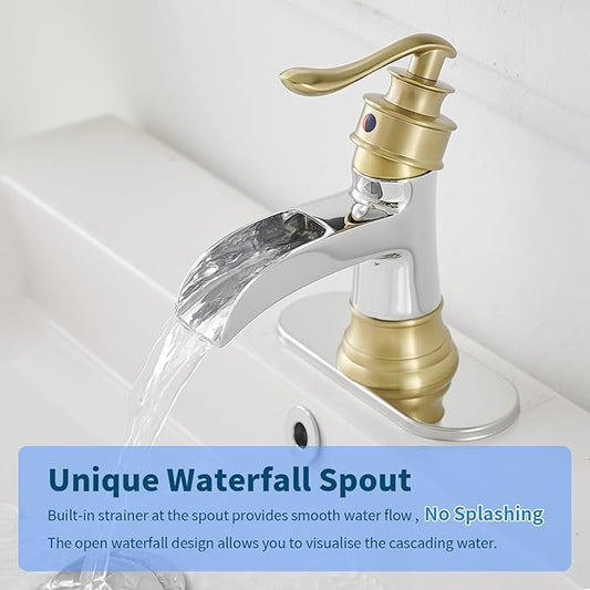 BWE Bathroom Faucet Waterfall Single Handle Chrome and Gold Vanity with Pop Up Drain Stopper with Overflow One Hole Lever Bath Sink Basin Restroom Mixer Tap Commercial Supply Line