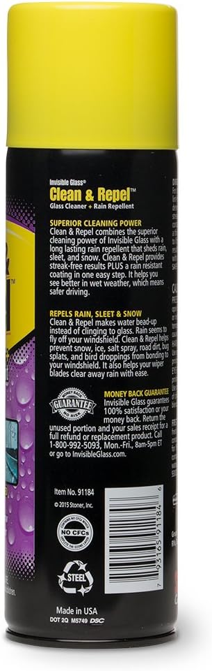 Invisible Glass 91184 Clean & Repel ?€? Aerosol Glass Cleaner and Rain Repellent, Cleans Exterior Windshields, Repels Rain, Sleet, Snow, Improves Wet Weather Driving Visibility ?€? 19 oz
