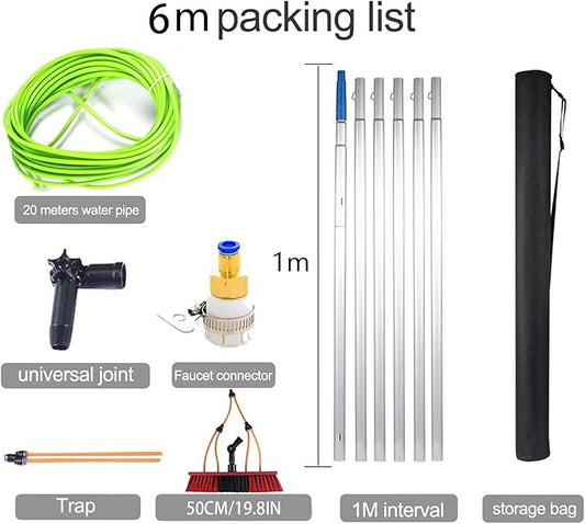 6m/20ft Water Fed Telescopic Window Cleaning Pole Extendable Cleaning Brush, Hose Fed Extendable Extended Window Cleaner Brush Tool Kit(30cm Brush 6m Pole)